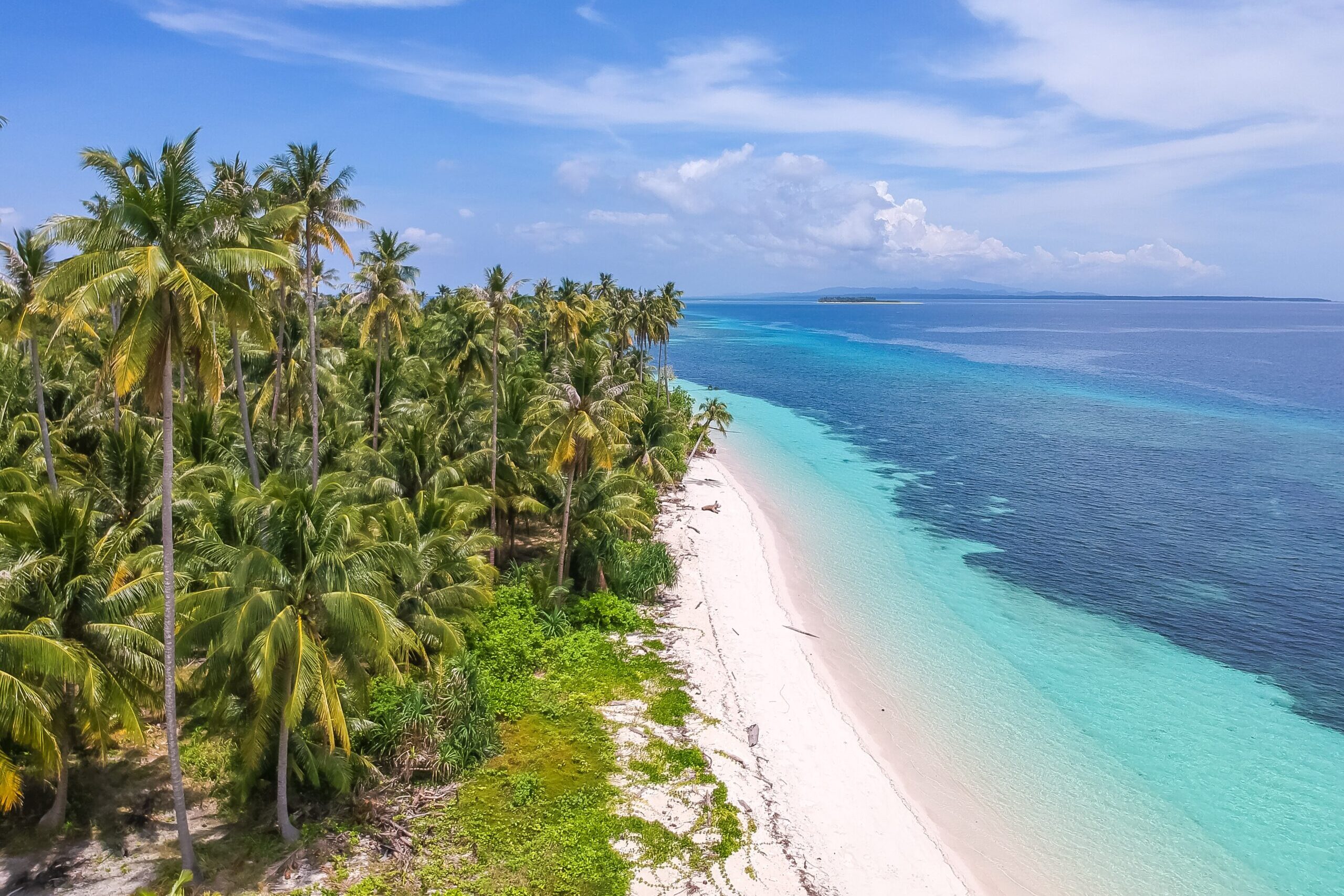 White sand beach and turquoise blue sea with green trees and a blue sky