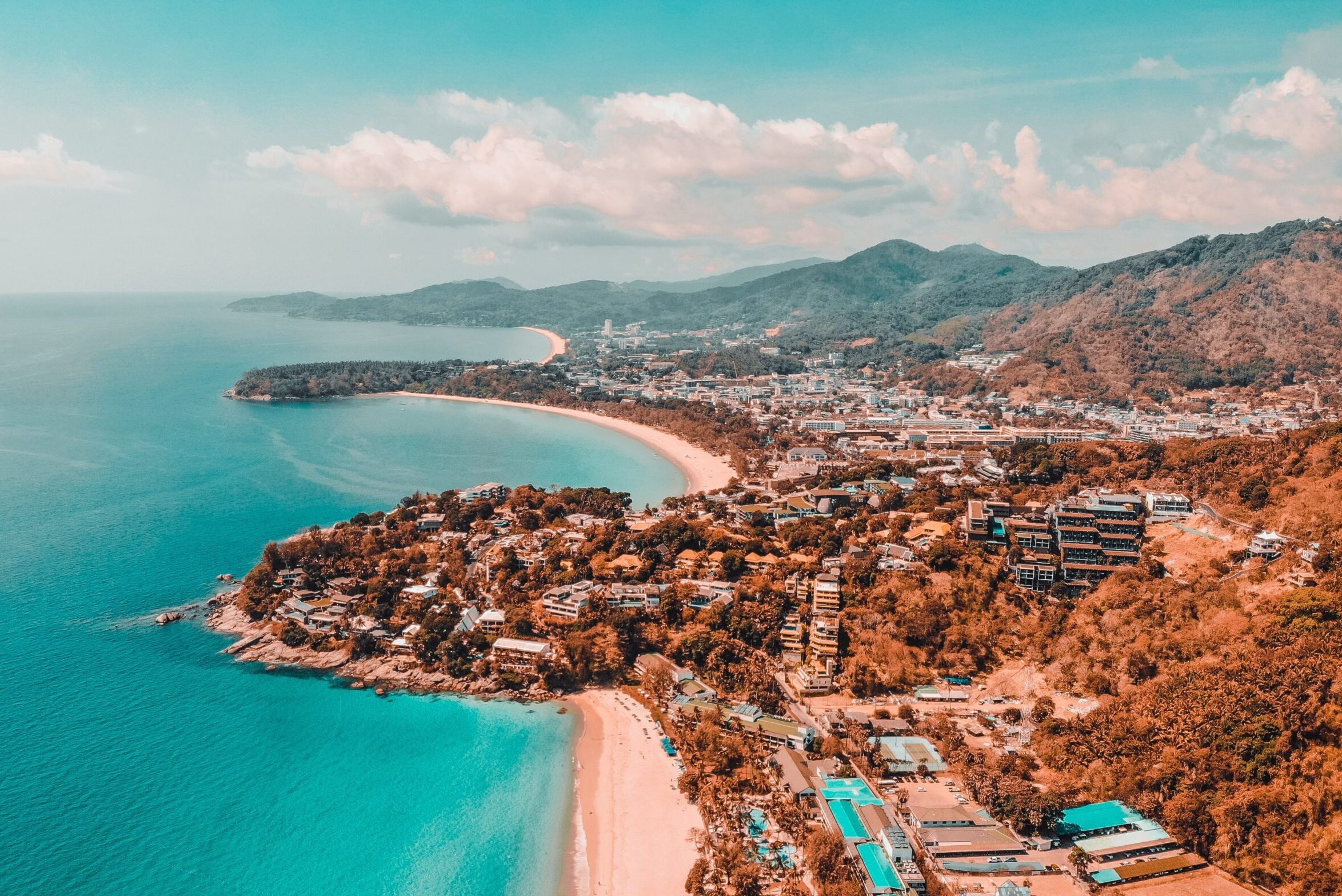 Aerial view of beaches, ocean, resorts and greenery