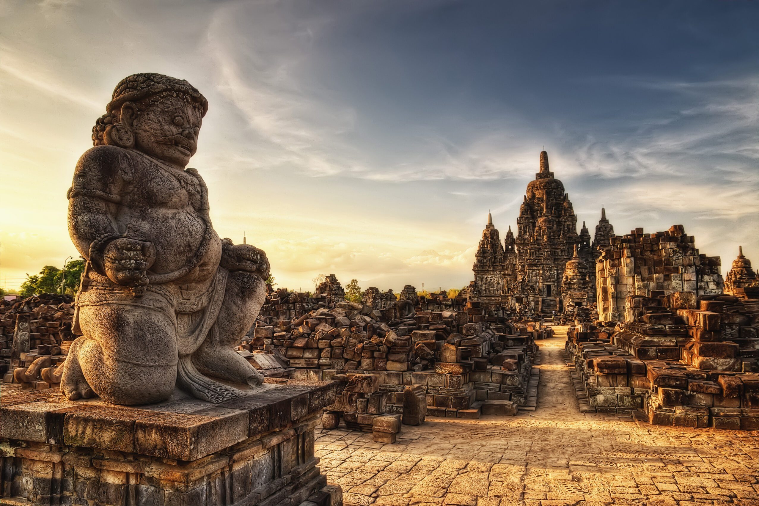 Ancient hindu temple ruins at sunset