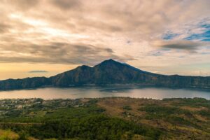Views of lake Batur and mount Abang during sunrise