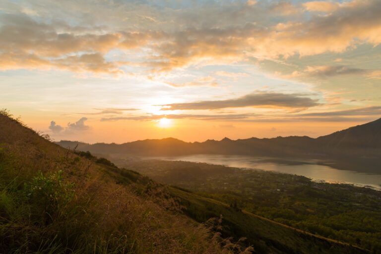 Views of lake Batur and mount Abang during sunrise