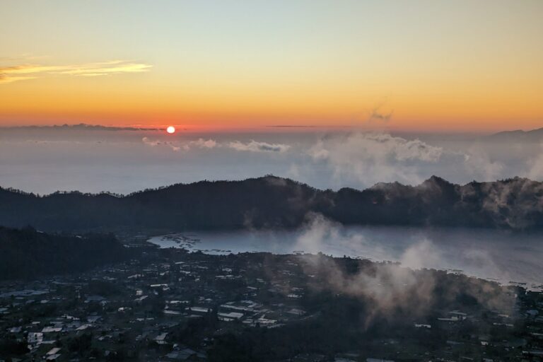 Views of lake Batur and mount Abang during sunrise