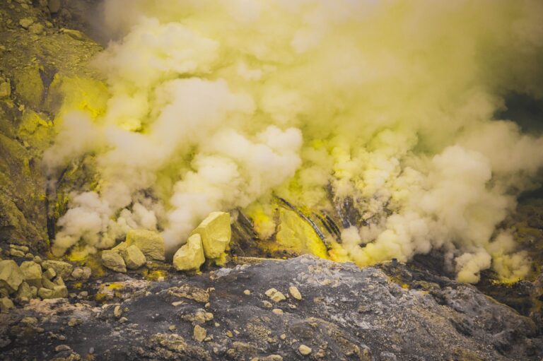 Sulphur mine with yellow smoke